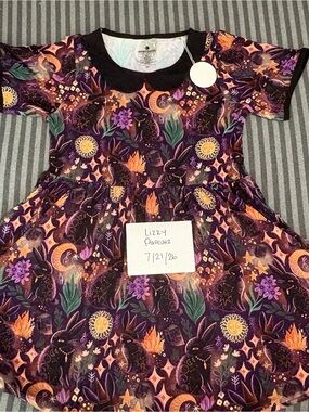 Super soft bamboo dress Purple Floral Moon & Bunny Print Dress with Black Collar